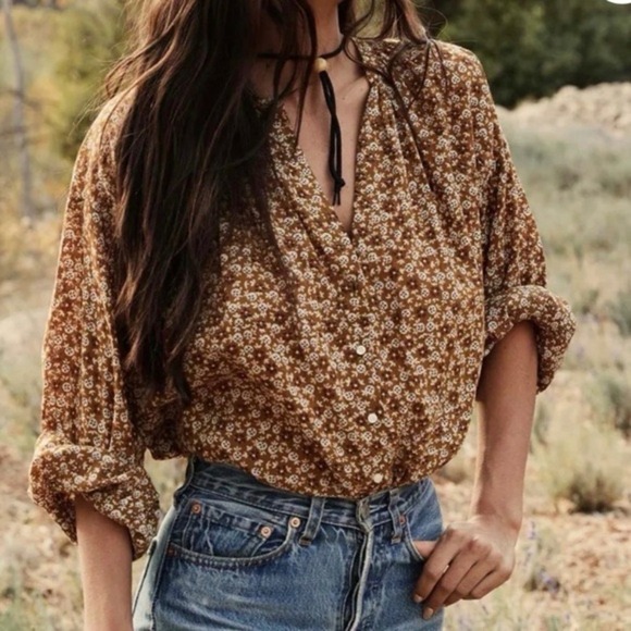 Doen Tops - Doen Jane Long Sleeve Button Front Top in Golden Mesa Floral - XSmall FLAWED